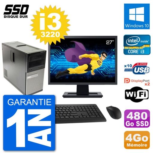 Dell Optiplex 7010 Desktop PC - 27" Screen, Intel Core i3-3220, 4GB RAM, 480GB SSD, Windows 10, WiFi