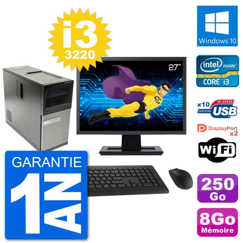 Dell Optiplex 7010 Desktop PC - 27" Screen, Intel i3-3220, 8GB RAM, 250GB HDD, Windows 10, WiFi