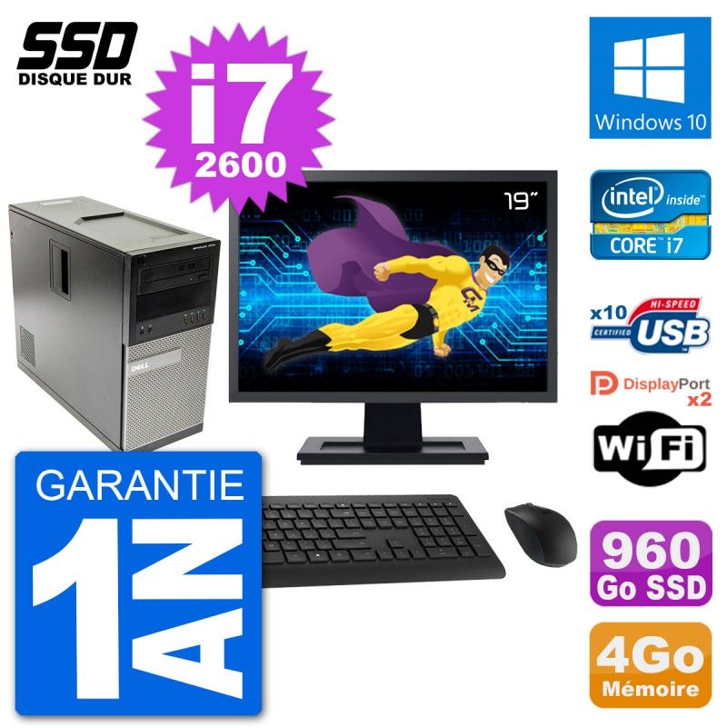 Dell Optiplex 7010 Desktop Computer, 19" Screen, Intel Core i7-2600, 4GB RAM, 960GB SSD, Windows 10, WiFi