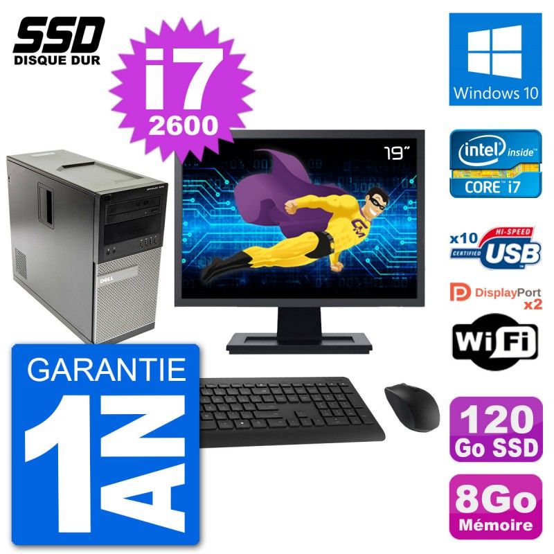 Dell Optiplex 7010 Mid Tower PC, 19" Screen, Intel Core i7-2600, 8GB RAM, 120GB SSD, Windows 10, WiFi