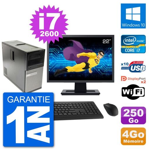 Dell Optiplex 7010 Desktop Computer, 22" Screen, Intel i7-2600, 4GB RAM, 250GB HDD, Windows 10, WiFi