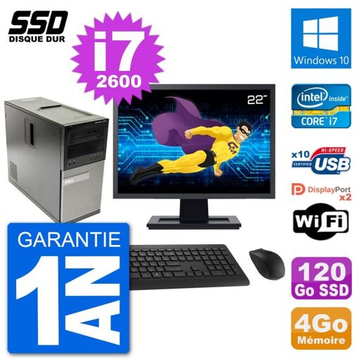 Dell Optiplex 7010 Desktop Computer - 22" Screen, Intel Core i7-2600, 4GB RAM, 120GB SSD, Windows 10, Wi-Fi