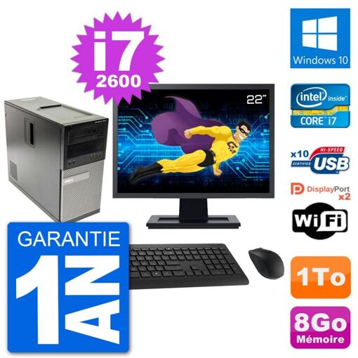 Dell Optiplex 7010 Desktop PC - 22" Screen, Intel i7-2600, 8GB RAM, 1TB HDD, Windows 10, WiFi