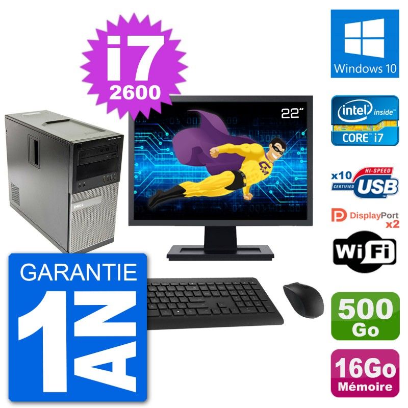 Dell Optiplex 7010 Desktop PC - 22" Screen, Intel i7-2600, 16GB RAM, 500GB Hard Drive, Windows 10, WiFi