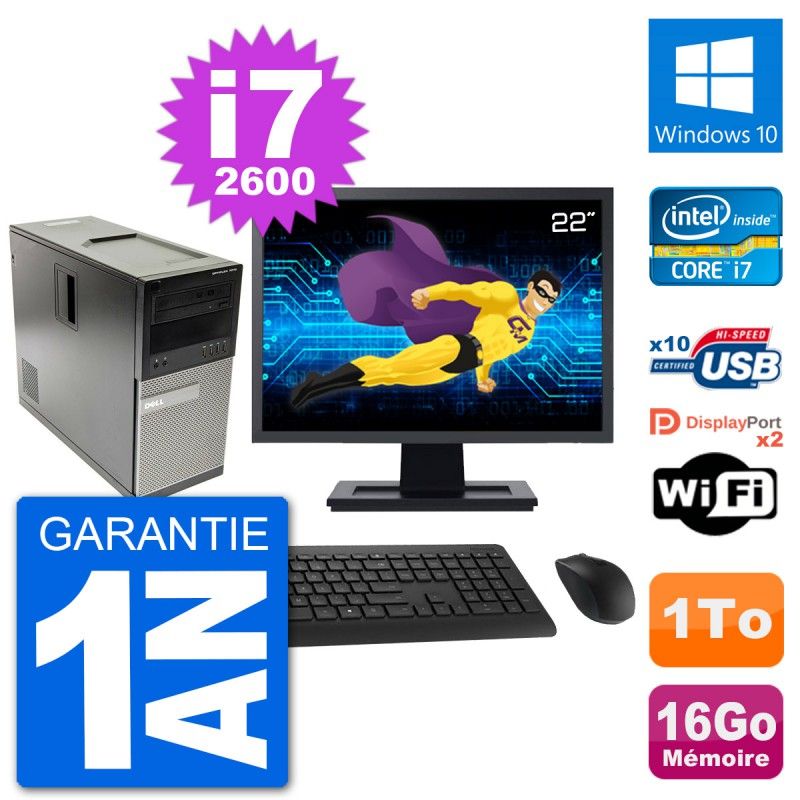 Dell Optiplex 7010 Desktop PC - 22" Screen, Intel i7-2600, 16GB RAM, 1TB HDD, Windows 10, WiFi