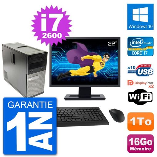 Dell Optiplex 7010 Desktop PC - 22" Screen, Intel i7-2600, 16GB RAM, 1TB HDD, Windows 10, WiFi