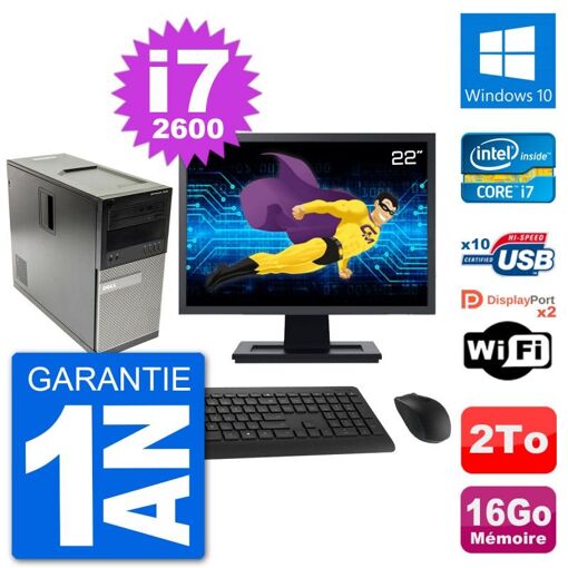Dell Optiplex 7010 Desktop PC - 22" Screen, Intel i7-2600, 16GB RAM, 2TB HDD, Windows 10, WiFi