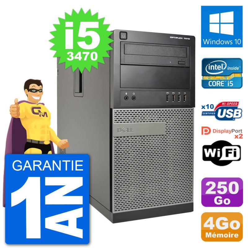 Ordinateur de bureau Dell Optiplex 7010 - Processeur Intel Core i5, 4 Go de RAM, 250 Go SSD, Windows 10, Wi-Fi