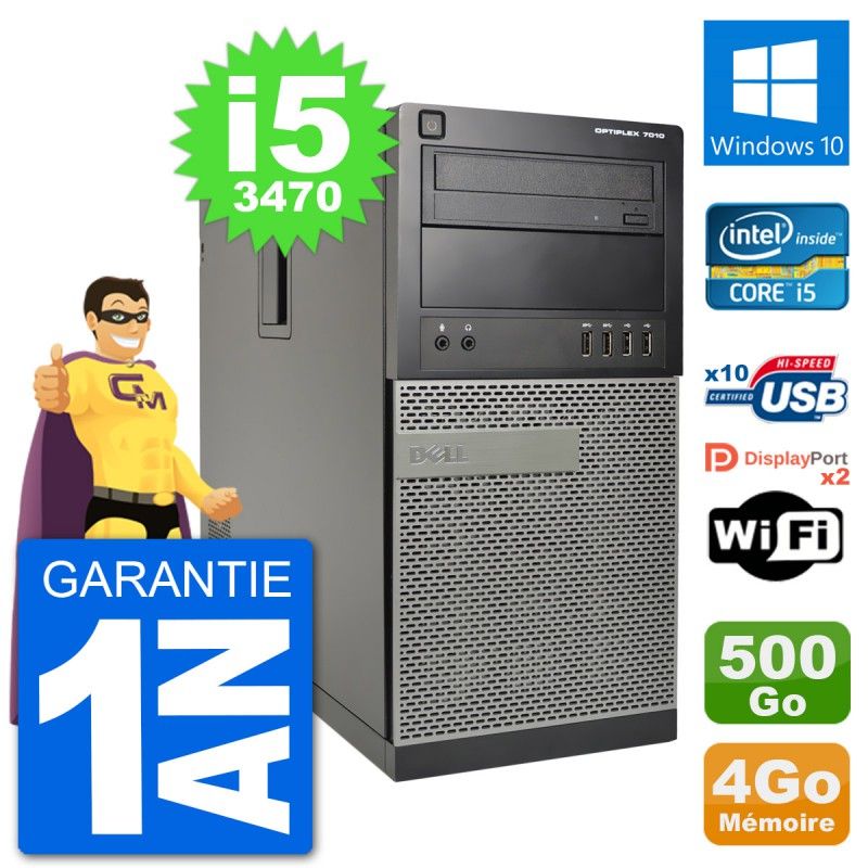 Ordinateur de bureau Dell Optiplex 7010 - Processeur Intel Core i5-3470, 4 Go de RAM, Disque dur de 500 Go, Windows 10, WiFi