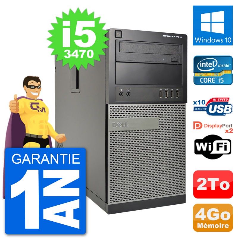 Ordinateur de bureau Dell Optiplex 7010 Tour moyenne - Processeur Intel Core i5-3470, 4 Go de RAM, Disque dur 2 To, Windows 10, WiFi