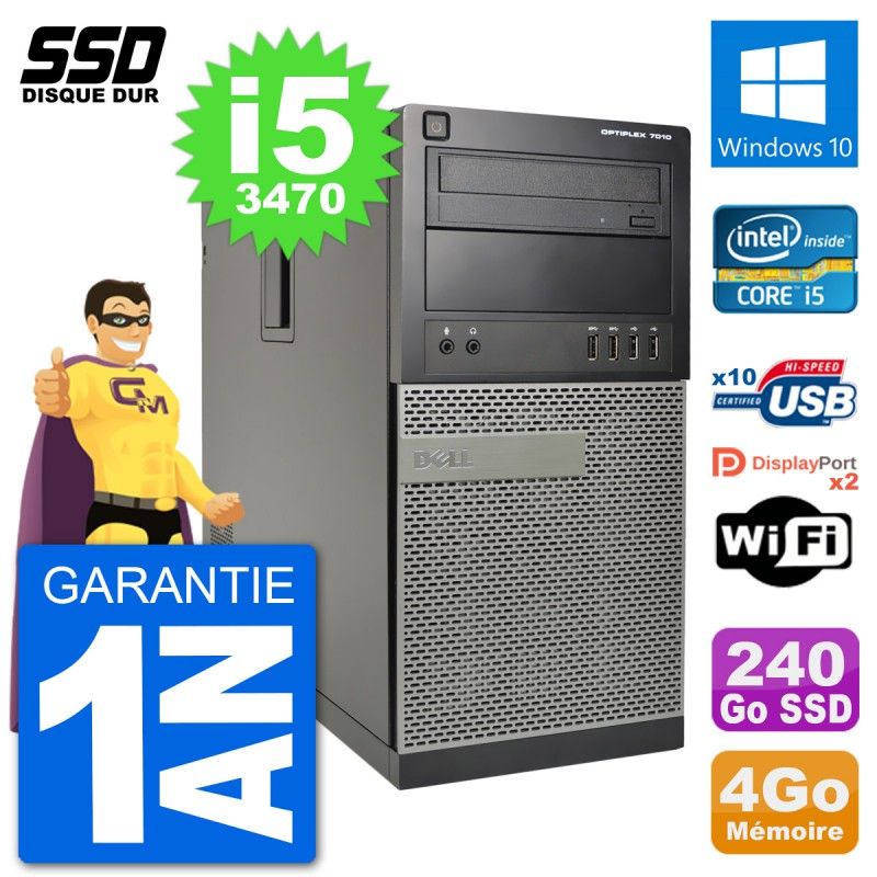Ordinateur de bureau Dell OptiPlex 7010 - Processeur Intel Core i5, 4 Go de RAM, SSD 240 Go, Windows 10, Wi-Fi