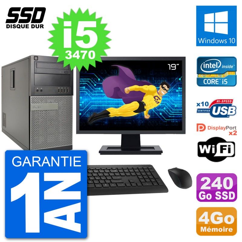 Dell Optiplex 7010 Desktop PC - 19" Screen, Intel Core i5-3470, 4GB RAM, 240GB SSD, Windows 10, WiFi