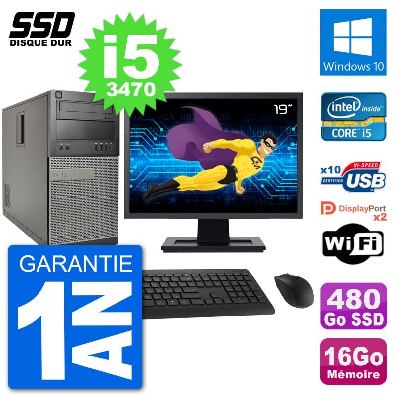 Dell Optiplex 7010 Desktop PC - 19" Screen, Intel i5-3470, 16GB RAM, 480GB SSD, Windows 10, WiFi