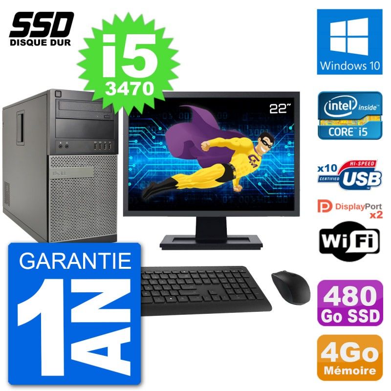 Dell Optiplex 7010 Desktop PC - 22" Screen, Intel Core i5-3470, 4GB RAM, 480GB SSD, Windows 10, WiFi