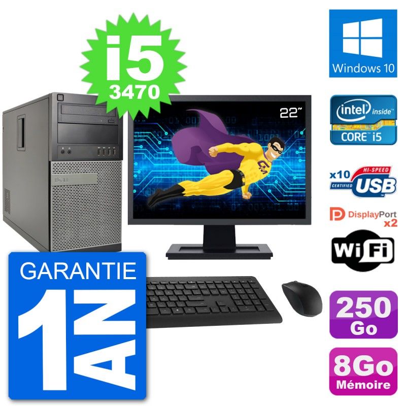Dell Optiplex 7010 Desktop Computer, 22" Screen, Intel i5-3470, 8GB RAM, 250GB Hard Drive, Windows 10, WiFi