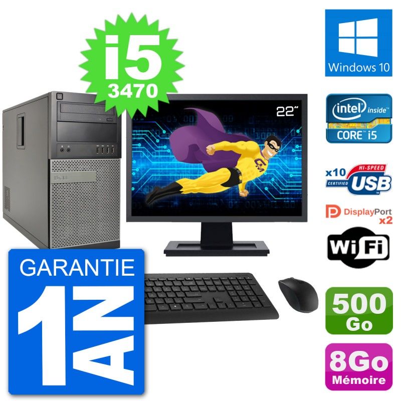 Dell Optiplex 7010 Desktop PC - 22" Screen, Intel i5-3470, 8GB RAM, 500GB Hard Drive, Windows 10, WiFi