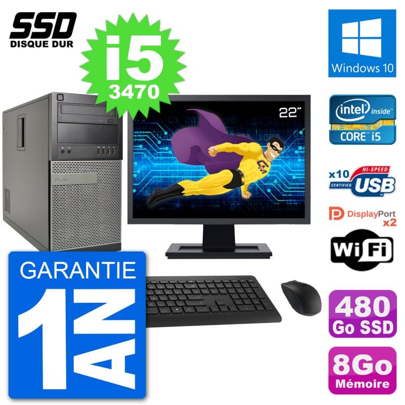 Dell Optiplex 7010 Mid Tower PC, 22" Screen, Intel Core i5-3470, 8GB RAM, 480GB SSD, Windows 10, WiFi