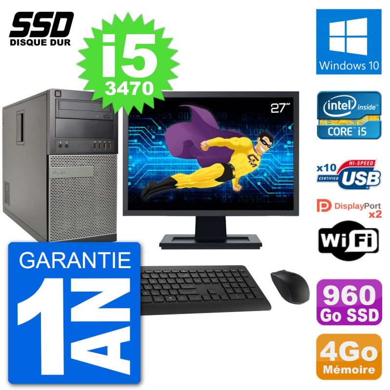 Dell Optiplex 7010 Desktop Computer, 27" Screen, Intel Core i5-3470, 4GB RAM, 960GB SSD, Windows 10, WiFi