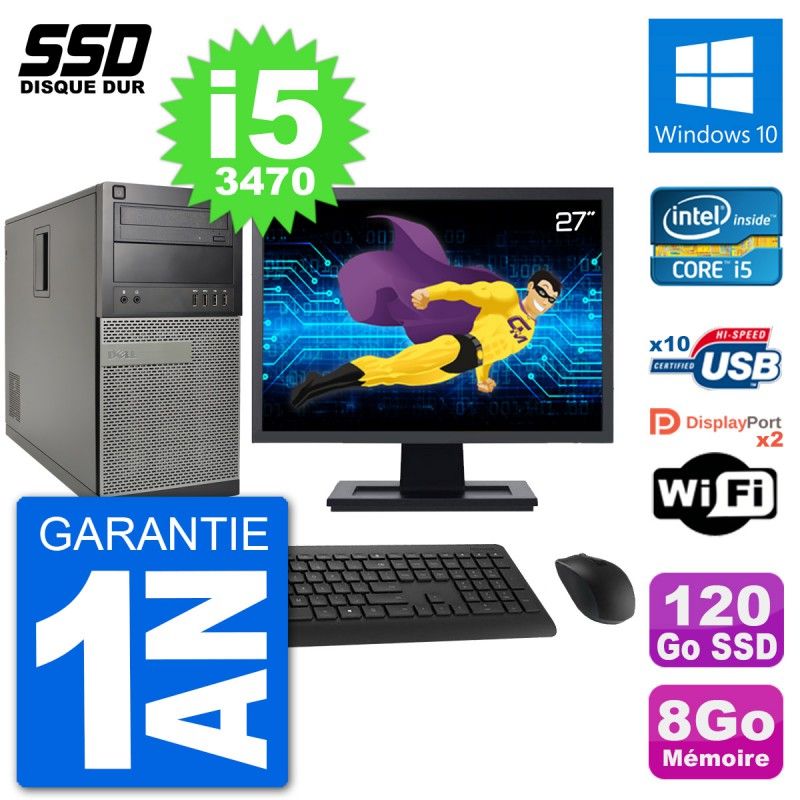 Dell Optiplex 7010 Desktop PC - 27" Screen, Intel Core i5-3470, 8GB RAM, 120GB SSD, Windows 10, WiFi