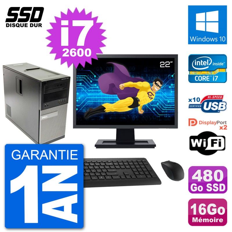 Dell Optiplex 7010 Desktop Computer - 22" Screen, Intel i7-2600, 16GB RAM, 480GB SSD, Windows 10, WiFi