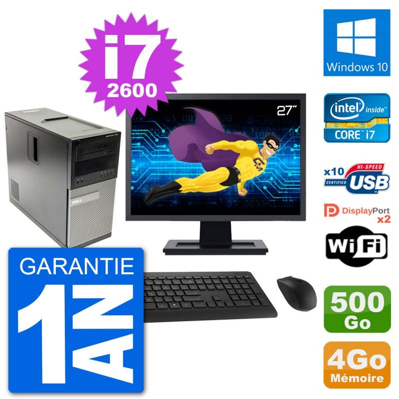 Dell Optiplex 7010 Desktop PC - 27" Screen, Intel i7-2600, 4GB RAM, 500GB Hard Drive, Windows 10, WiFi