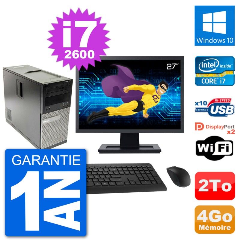 Ordinateur de bureau Dell Optiplex 7010 - Écran 27'', Intel i7-2600, 4 Go de RAM, 2 To HDD, Windows 10, WiFi