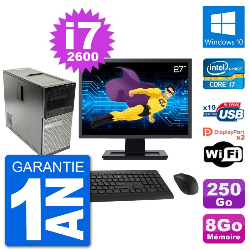 Ordinateur de bureau Dell Optiplex 7010 - Écran 27", Processeur Intel i7-2600, 8 Go de RAM, Disque dur 250 Go, Windows 10, WiFi