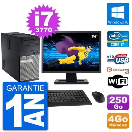 Dell Optiplex 7010 Mid Tower PC - 19" Screen, Intel i7-3770, 4GB RAM, 250GB Hard Drive, Windows 10, WiFi
