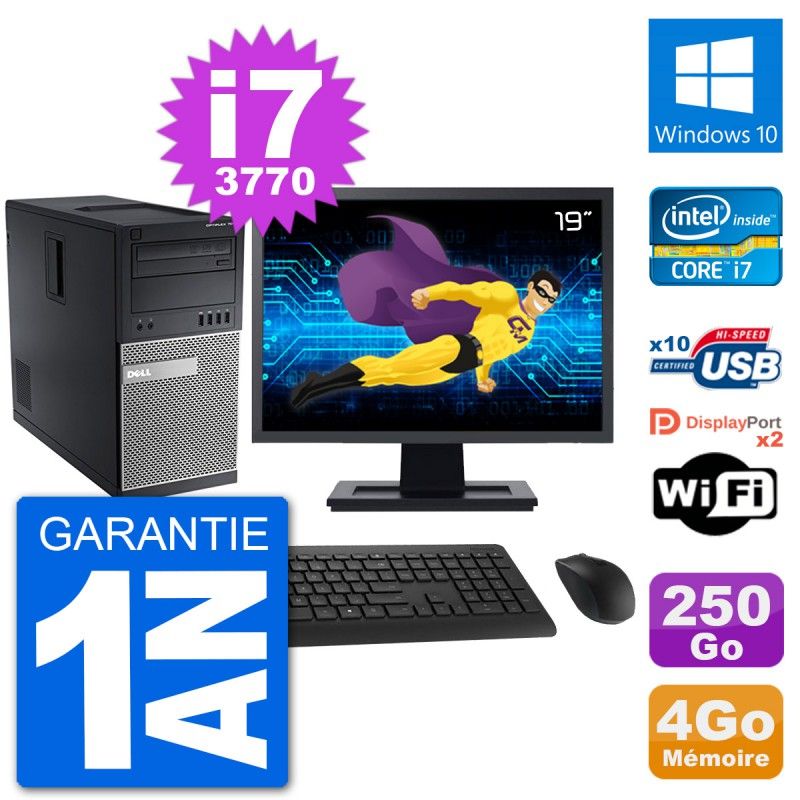 Dell Optiplex 7010 Mid Tower PC - 19" Screen, Intel i7-3770, 4GB RAM, 250GB Hard Drive, Windows 10, WiFi