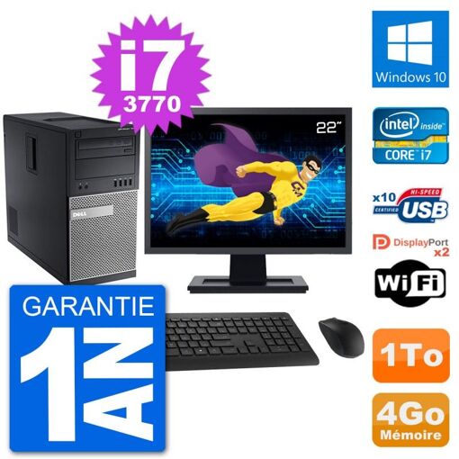 Dell Optiplex 7010 Desktop PC - 22" Screen, Intel i7-3770, 4GB RAM, 1TB HDD, Windows 10, Wifi