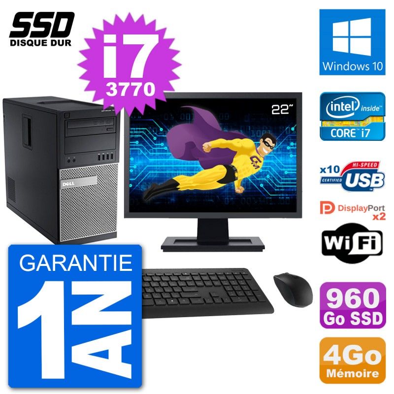 Dell Optiplex 7010 Desktop Computer, 22" Screen, Intel Core i7-3770, 4GB RAM, 960GB SSD, Windows 10, WiFi