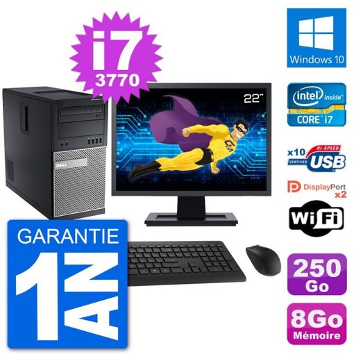 Dell Optiplex 7010 Desktop Computer - 22" Screen, Intel i7-3770, 8GB RAM, 250GB HDD, Windows 10, WiFi