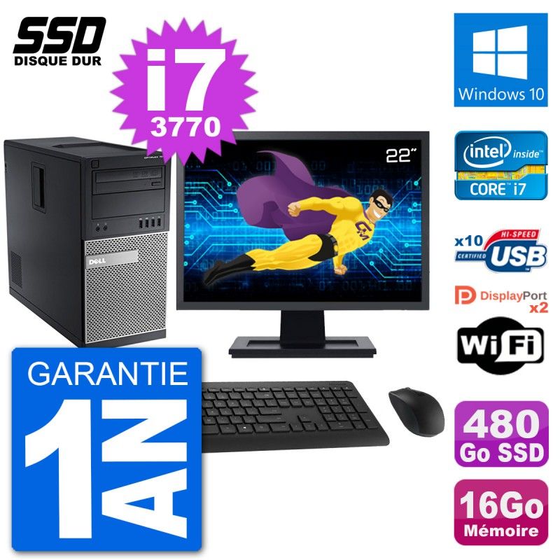 Dell Optiplex 7010 PC Tower - 22" Screen, Intel i7-3770, 16GB RAM, 480GB SSD, Windows 10, WiFi