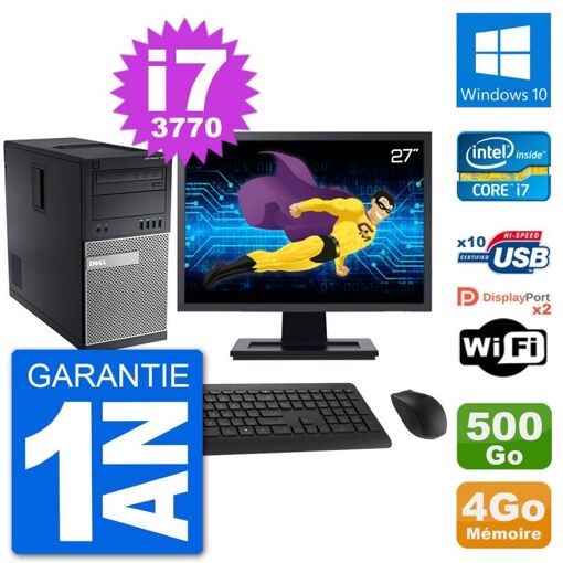 Dell Optiplex 7010 Desktop Computer, 27" Screen, Intel i7-3770, 4GB RAM, 500GB Hard Drive, Windows 10, WiFi