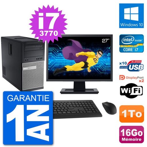 Dell Optiplex 7010 Desktop PC - 27" Screen, Intel i7-3770, 16GB RAM, 1TB HDD, Windows 10, WiFi