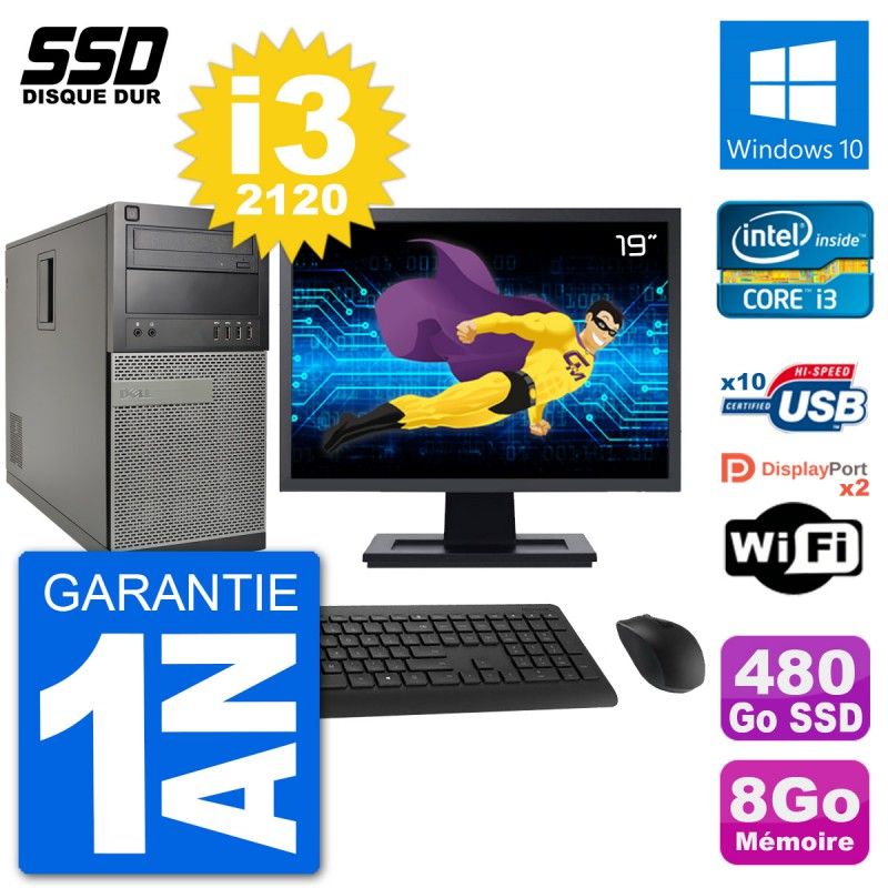 Dell Optiplex 7010 Desktop Computer - 19" Screen, Intel Core i3-2120, 8GB RAM, 480GB SSD, Windows 10, WiFi