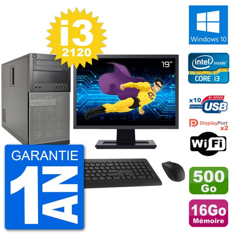 Ordinateur de bureau Dell Optiplex 7010 - Écran 19 pouces, Intel Core i3-2120, 16 Go de RAM, Disque dur 500 Go, Windows 10, Wi-Fi