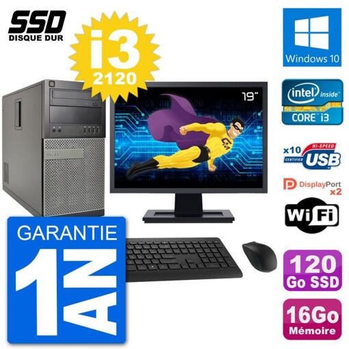 Dell Optiplex 7010 Desktop PC - 19" Screen, Intel i3-2120, 16GB RAM, 120GB SSD, Windows 10, WiFi