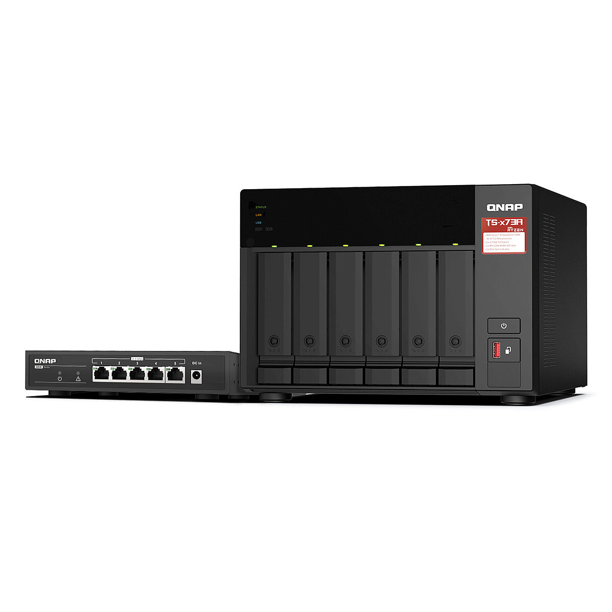 QNAP 6-Bay NAS Server + 5-Port 2.5G Switch - 8GB DDR4 RAM - AMD Ryzen V1500B - 2.5GbE LAN (No HDD)