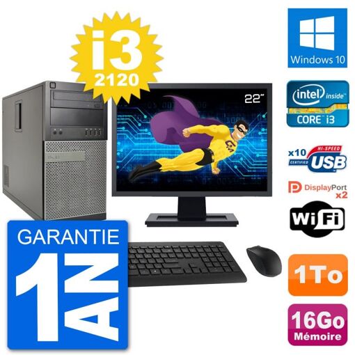 Dell Optiplex 7010 Desktop Computer, 22" Screen, Intel i3-2120, 16GB RAM, 1TB HDD, Windows 10, WiFi