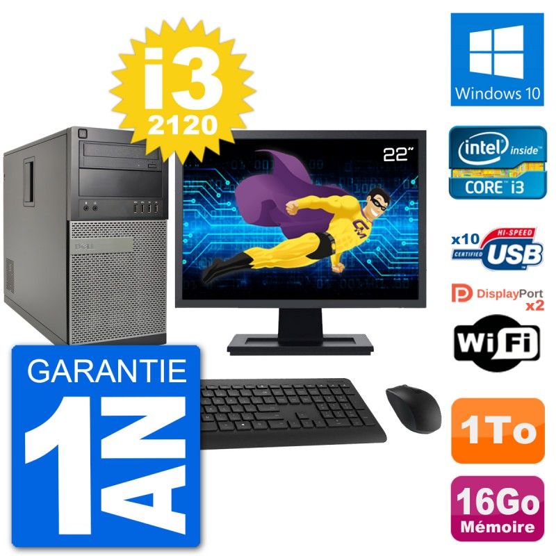 Dell Optiplex 7010 Desktop Computer, 22" Screen, Intel i3-2120, 16GB RAM, 1TB HDD, Windows 10, WiFi