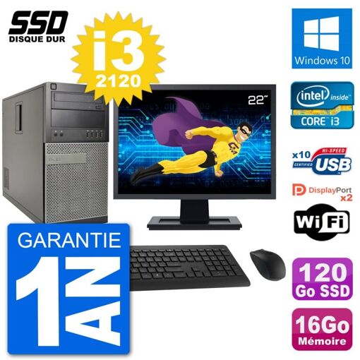 Dell Optiplex 7010 Desktop PC - 22" Screen, Intel i3-2120, 16GB RAM, 120GB SSD, Windows 10, WiFi