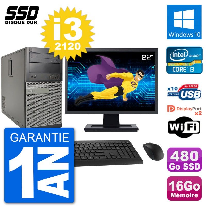 Dell Optiplex 7010 Desktop PC - 22" Screen, Intel i3-2120, 16GB RAM, 480GB SSD, Windows 10, WiFi