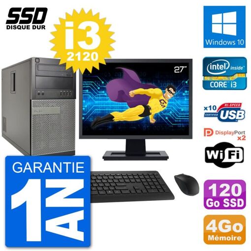 Dell Optiplex 7010 Desktop Computer, 27" Screen, Intel Core i3-2120, 4GB RAM, 120GB SSD, Windows 10, WiFi