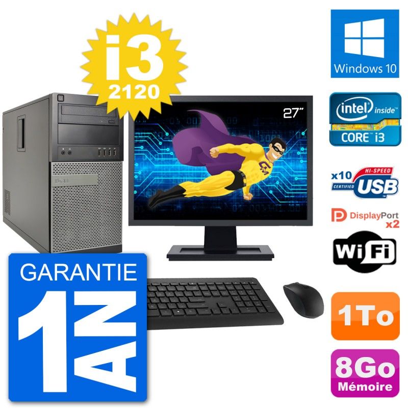 Dell Optiplex 7010 Desktop PC - 27" Screen, Intel i3-2120, 8GB RAM, 1TB HDD, Windows 10, WiFi