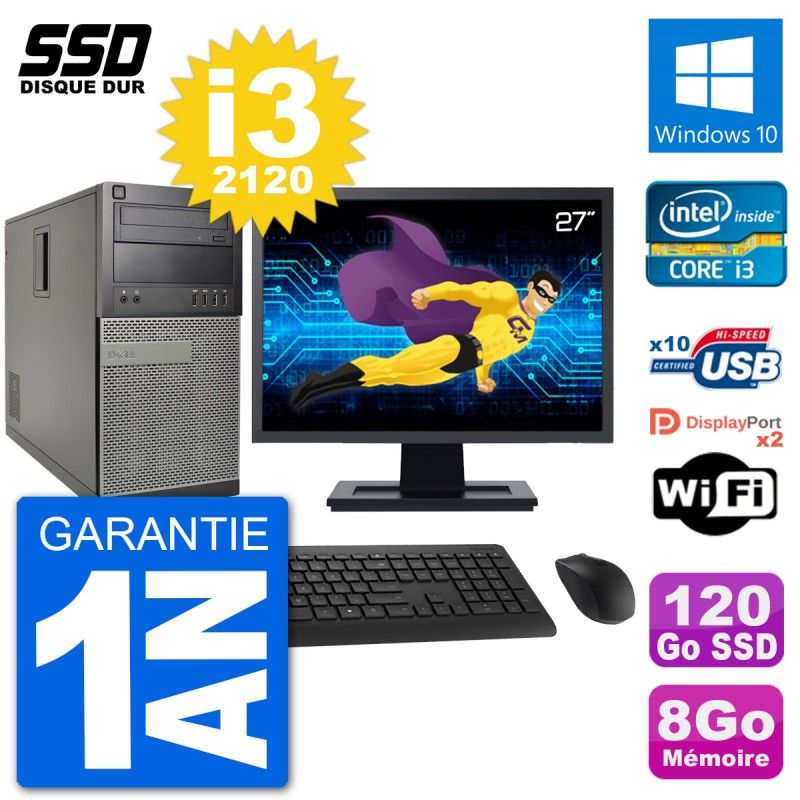 Dell Optiplex 7010 Desktop Computer, 27" Screen, Intel Core i3-2120, 8GB RAM, 120GB SSD, Windows 10, WiFi