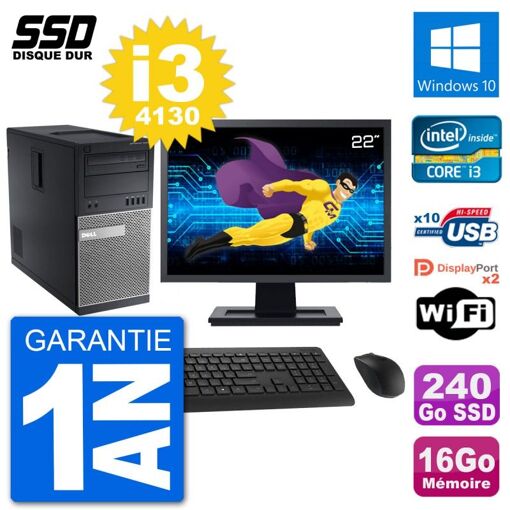 Dell Optiplex 9020 Tower PC - 22" Screen, Intel i3-4130, 16GB RAM, 240GB SSD, Windows 10, WiFi