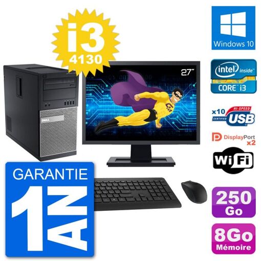 Dell Optiplex 9020 Desktop PC - 27" Screen, Intel i3-4130, 8GB RAM, 250GB SSD, Windows 10, Wi-Fi