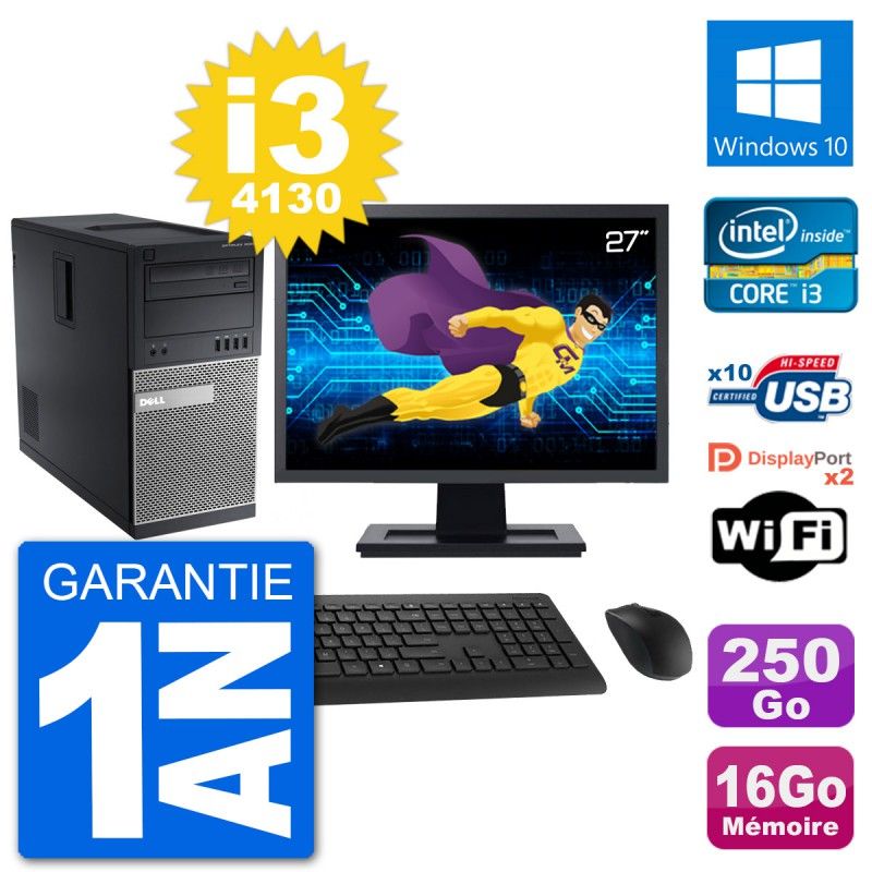 Computadora de escritorio Dell Optiplex 9020, pantalla de 27", procesador Intel i3-4130, 16 GB de RAM, disco duro de 250 GB, Windows 10, WiFi