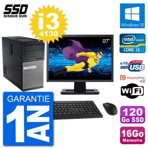Dell Optiplex 9020 Desktop PC - 27" Screen, Intel i3-4130, 16GB RAM, 120GB SSD, Windows 10, WiFi